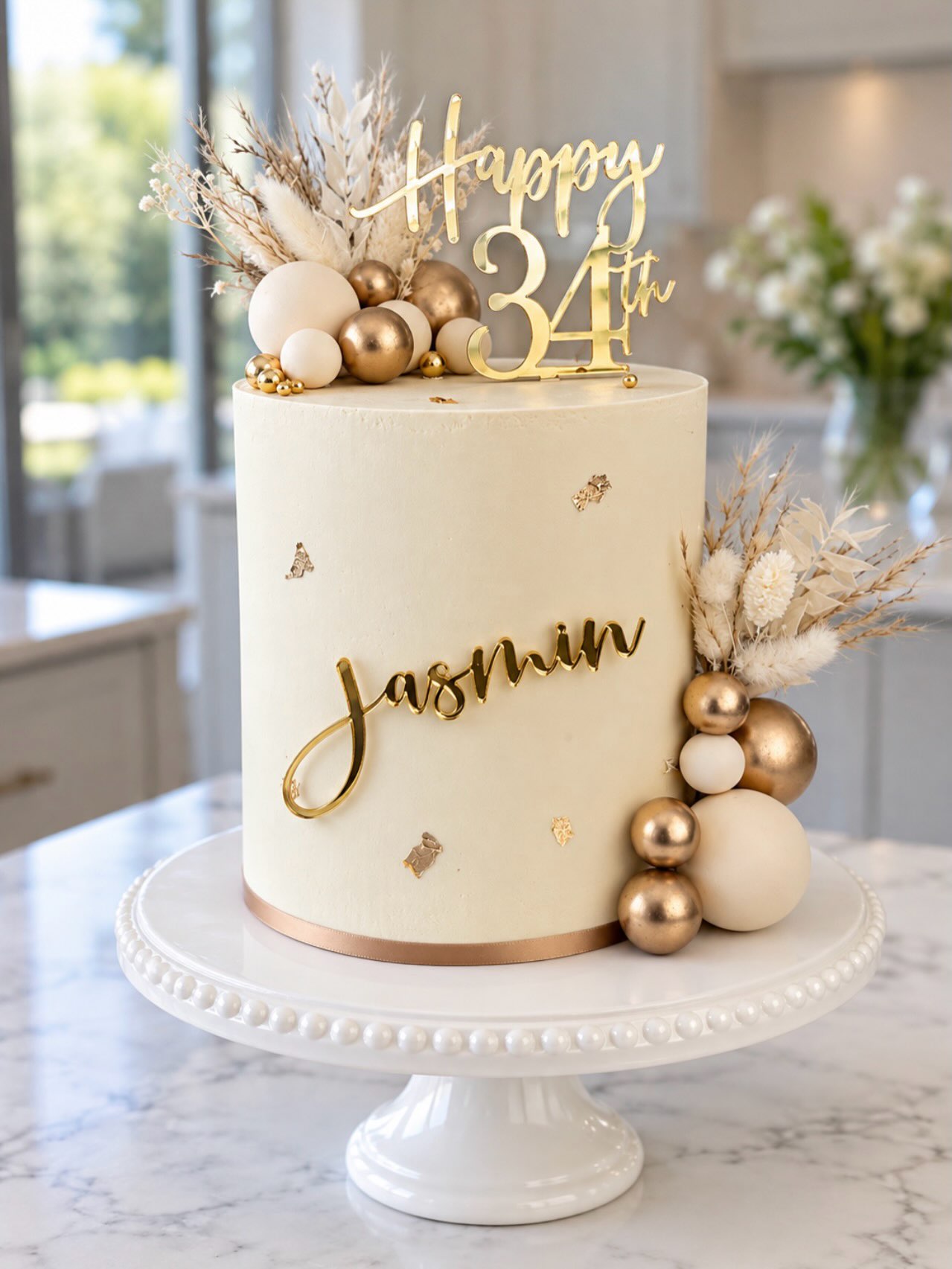 Cream and gold 34th birthday cake
