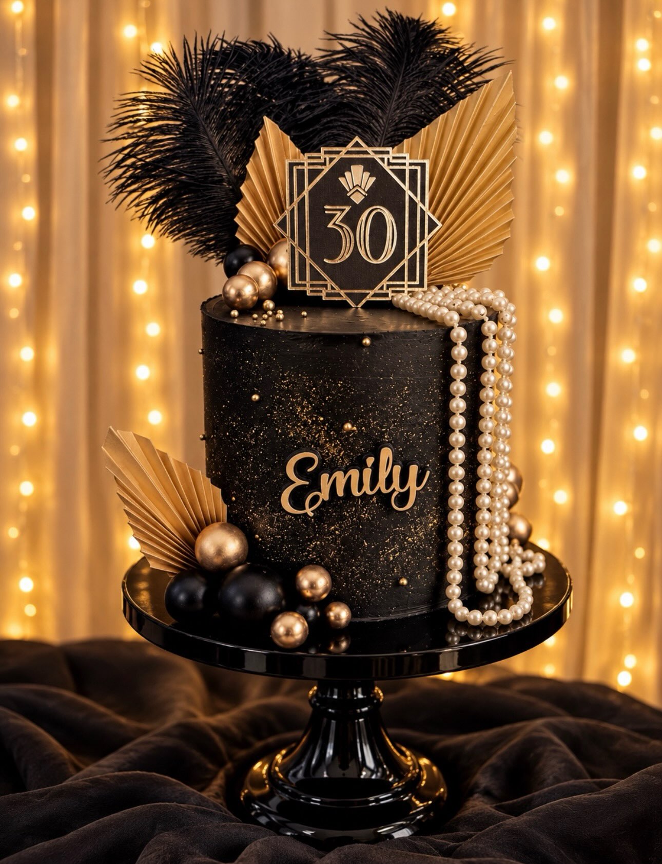 Black and gold Gatsby-style 30th birthday cake by Nanny Cake